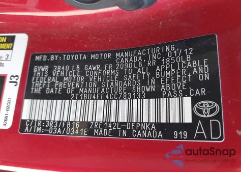 2012 Toyota Corolla Le from USA, damaged, VIN 2T1BU4EE4CC783133